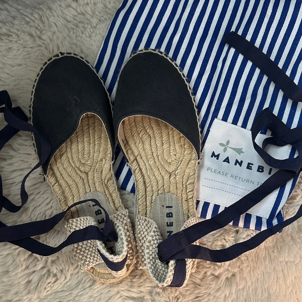 Manebi Navy Wrap Espadrille Wedge Sandals